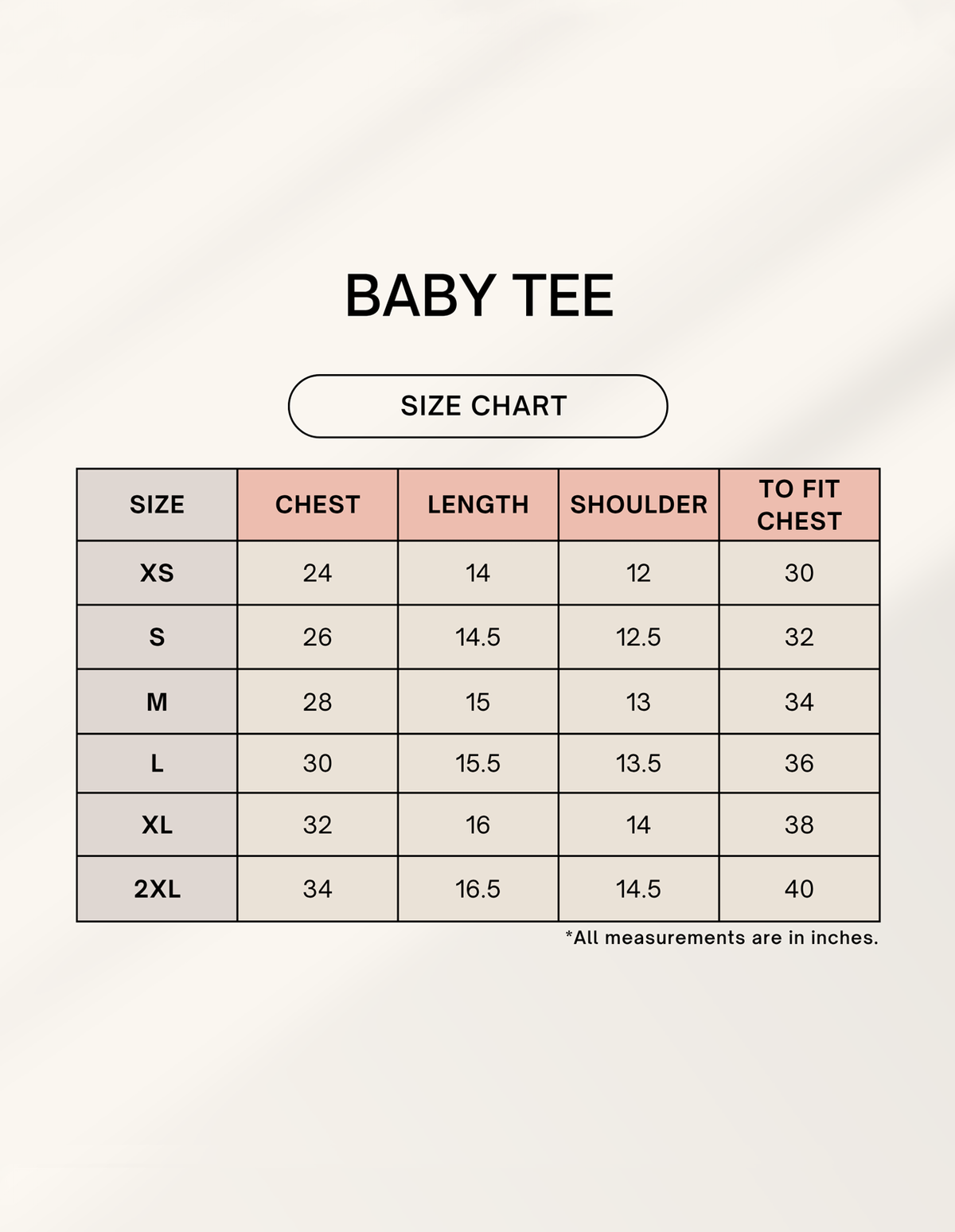 Product size chart