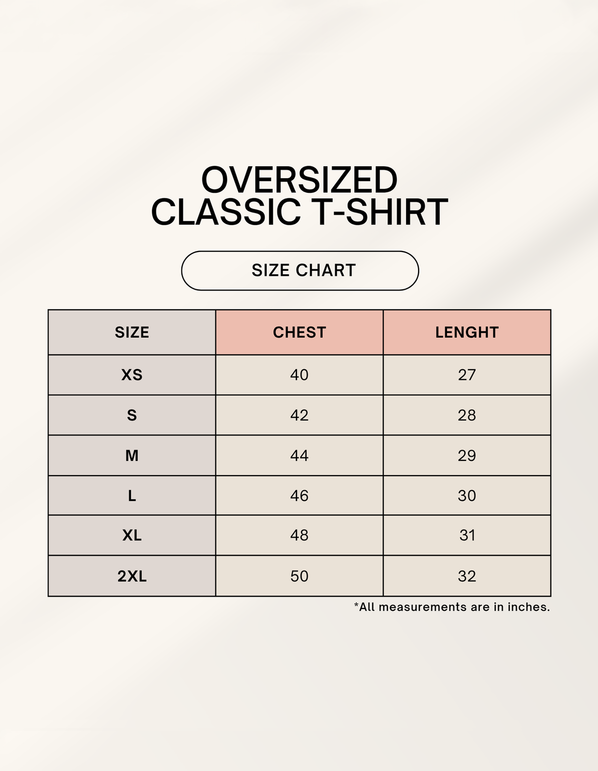 Product size chart