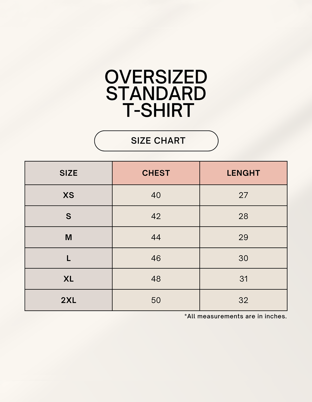 Product size chart