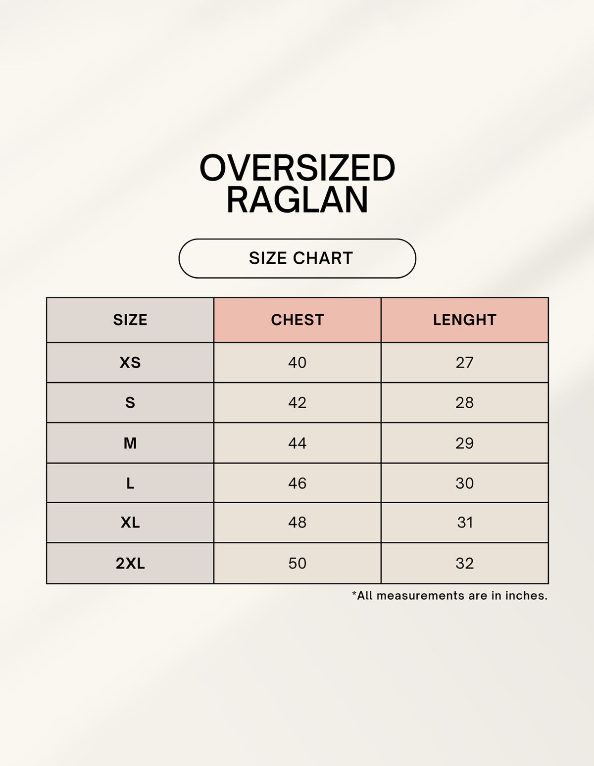Product size chart