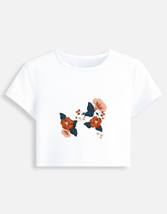 Rust Floral Baby Tee for Women – Stretch Fit Cropped T-Shirt, 95% Cotton 5% Spandex | StitchPop alternate view