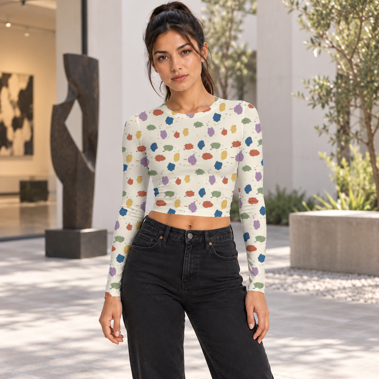 Abstract Print Full Sleeve Crop Top | Women's Stretch Top