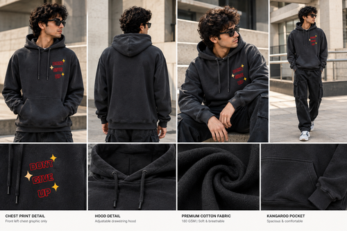 All-Day Comfort Hoodie lifestyle front view with chest print and plain back