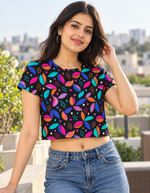 Lifestyle photo showing All-Over Print Crew Neck Crop Top worn by a model