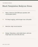 Black Temptation Bodycon Dress — product details, fabric, fit and care