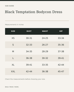Black Temptation Bodycon Dress — size guide in inches, measurements from product listing