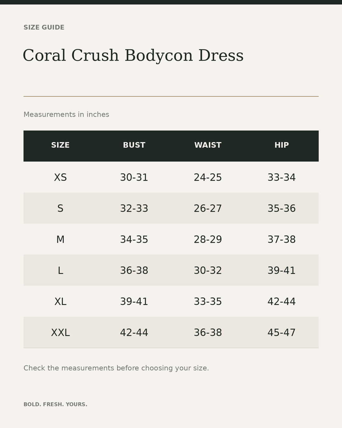 Coral Crush Bodycon Dress — size guide in inches, measurements from product listing