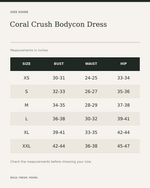 Coral Crush Bodycon Dress — size guide in inches, measurements from product listing