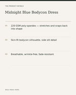 Midnight Blue Bodycon Dress — product details, fabric, fit and care