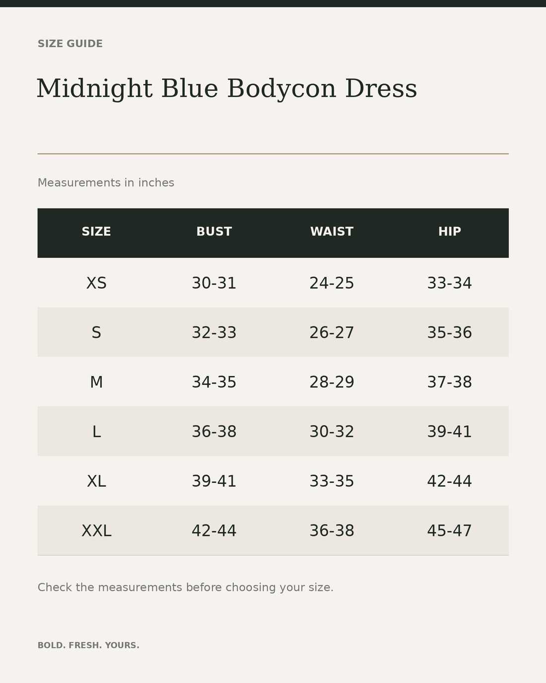 Midnight Blue Bodycon Dress — size guide in inches, measurements from product listing