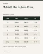 Midnight Blue Bodycon Dress — size guide in inches, measurements from product listing