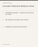 Lavender Seduction Bodycon Dress — product details, fabric, fit and care