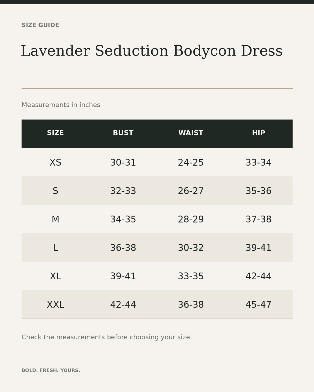 Lavender Seduction Bodycon Dress — size guide in inches, measurements from product listing
