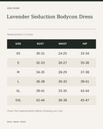 Lavender Seduction Bodycon Dress — size guide in inches, measurements from product listing