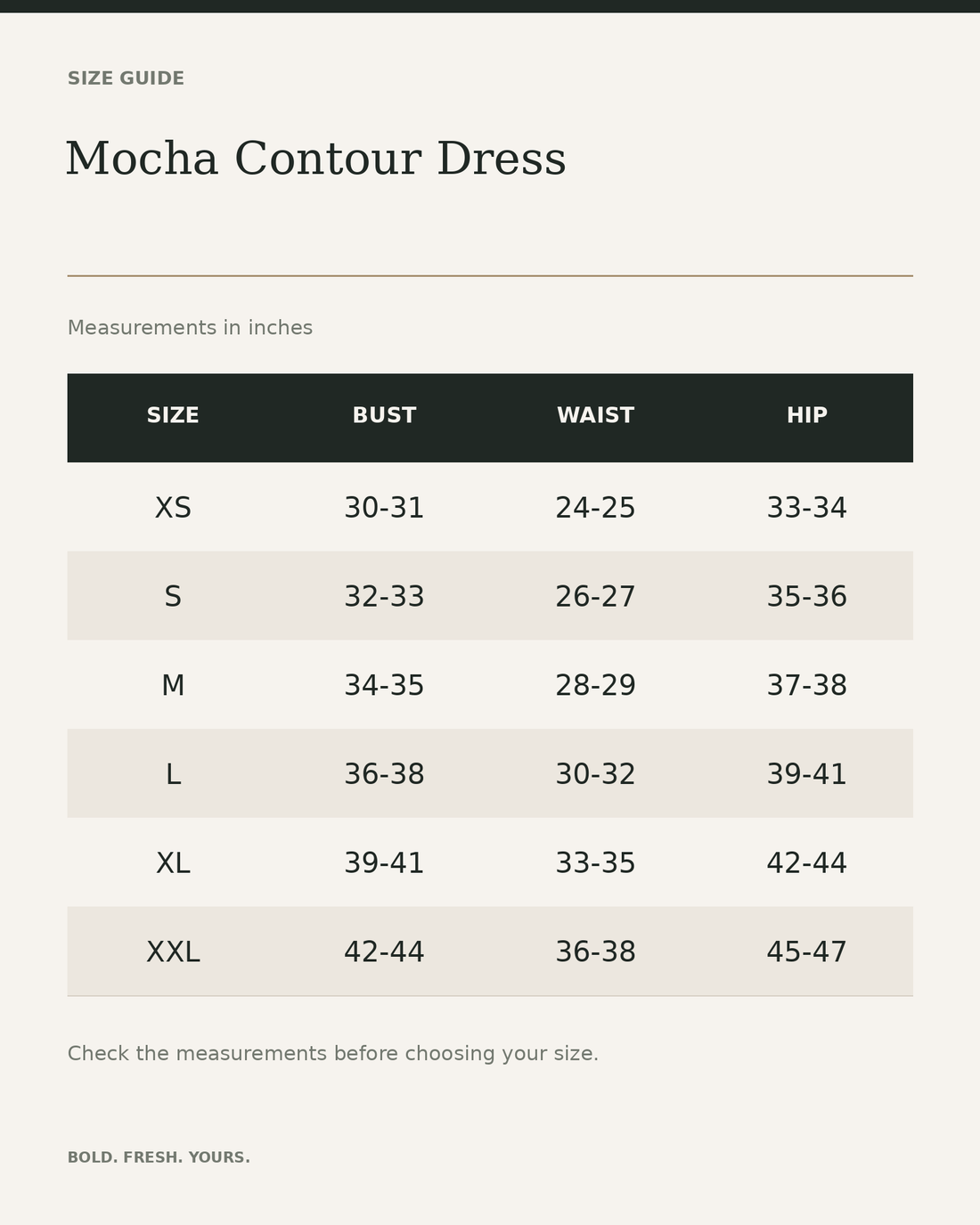 Mocha Contour Dress — size guide in inches, measurements from product listing