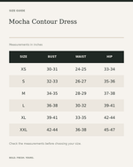 Mocha Contour Dress — size guide in inches, measurements from product listing