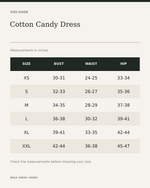 Cotton Candy Dress — size guide in inches, measurements from product listing