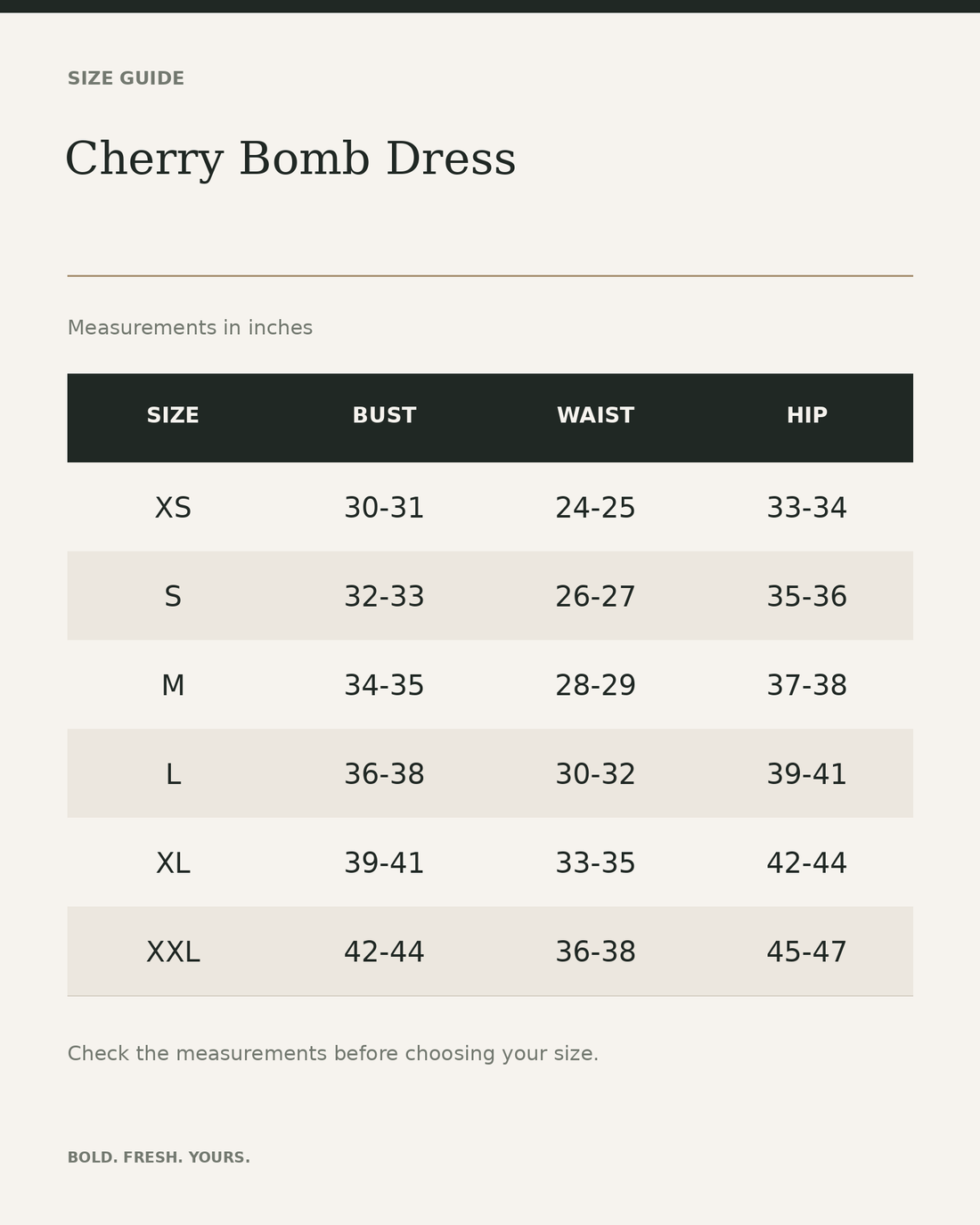 Cherry Bomb Dress — size guide in inches, measurements from product listing