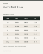 Cherry Bomb Dress — size guide in inches, measurements from product listing