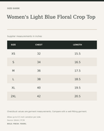 Women's Light Blue Floral Crop Top — size guide in inches from official Qikink garment chart