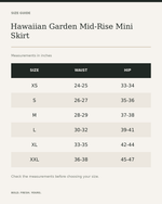 Hawaiian Garden Mid-Rise Mini Skirt – Premium All-Over Print Summer Aesthetic Skirt — size guide in inches, measurements from product listing