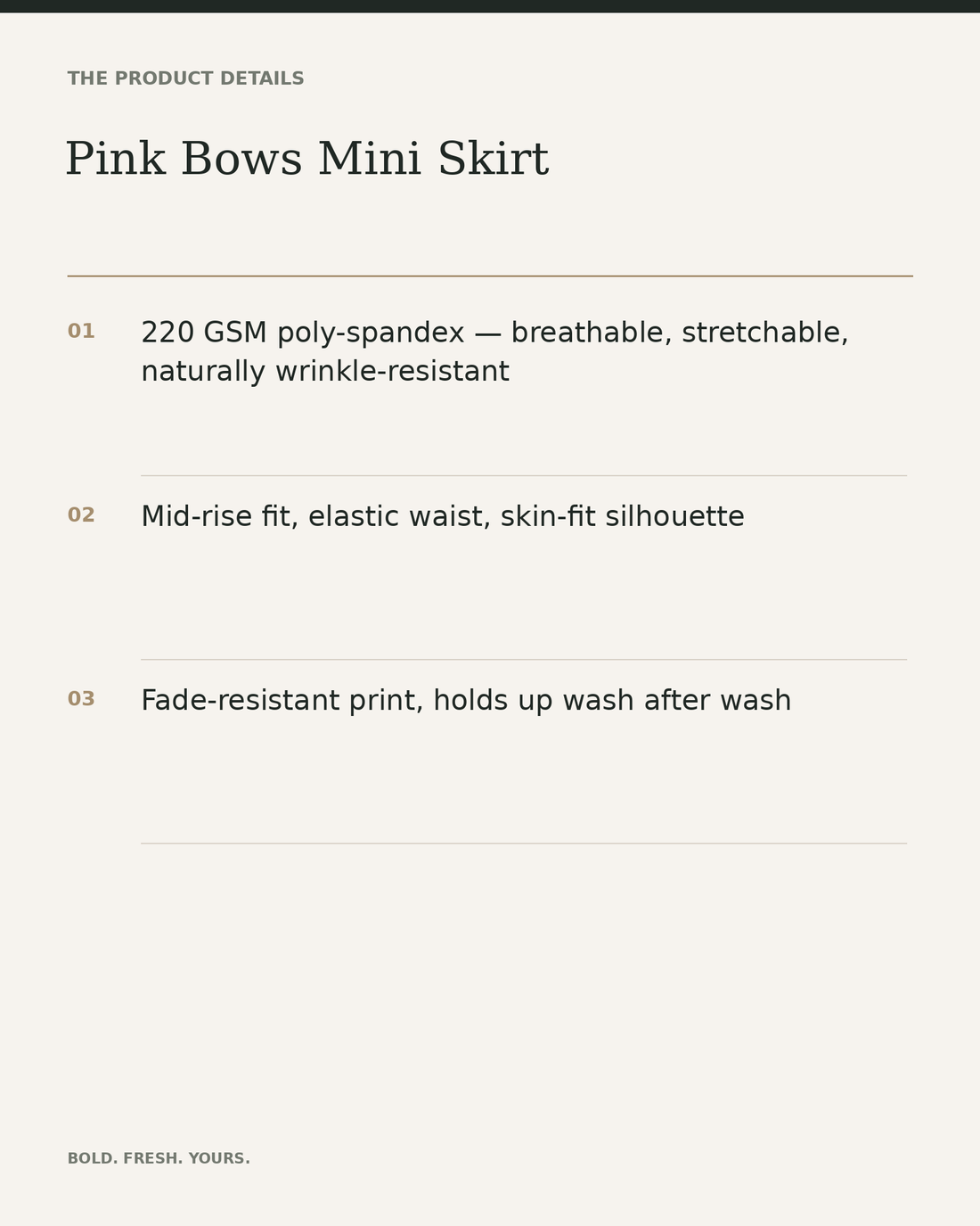 Pink Bows Mini Skirt — All-Over Print Elastic Waist Skirt — product details, fabric, fit and care