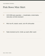 Pink Bows Mini Skirt — All-Over Print Elastic Waist Skirt — product details, fabric, fit and care