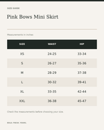 Pink Bows Mini Skirt — All-Over Print Elastic Waist Skirt — size guide in inches, measurements from product listing