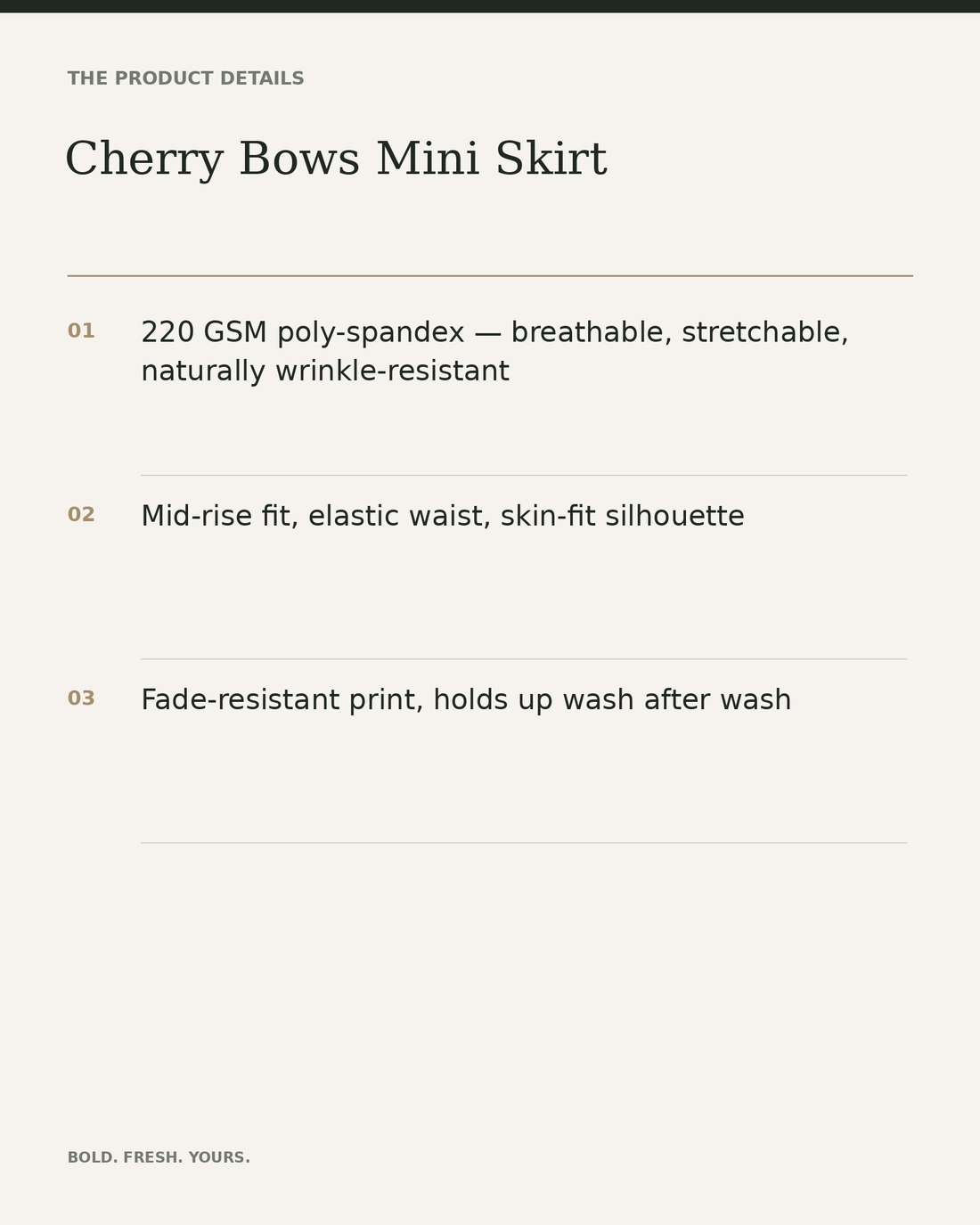 Cherry Bows Mini Skirt — All-Over Print Elastic Waist Skirt — product details, fabric, fit and care