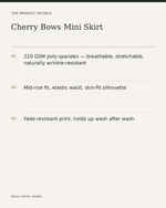 Cherry Bows Mini Skirt — All-Over Print Elastic Waist Skirt — product details, fabric, fit and care