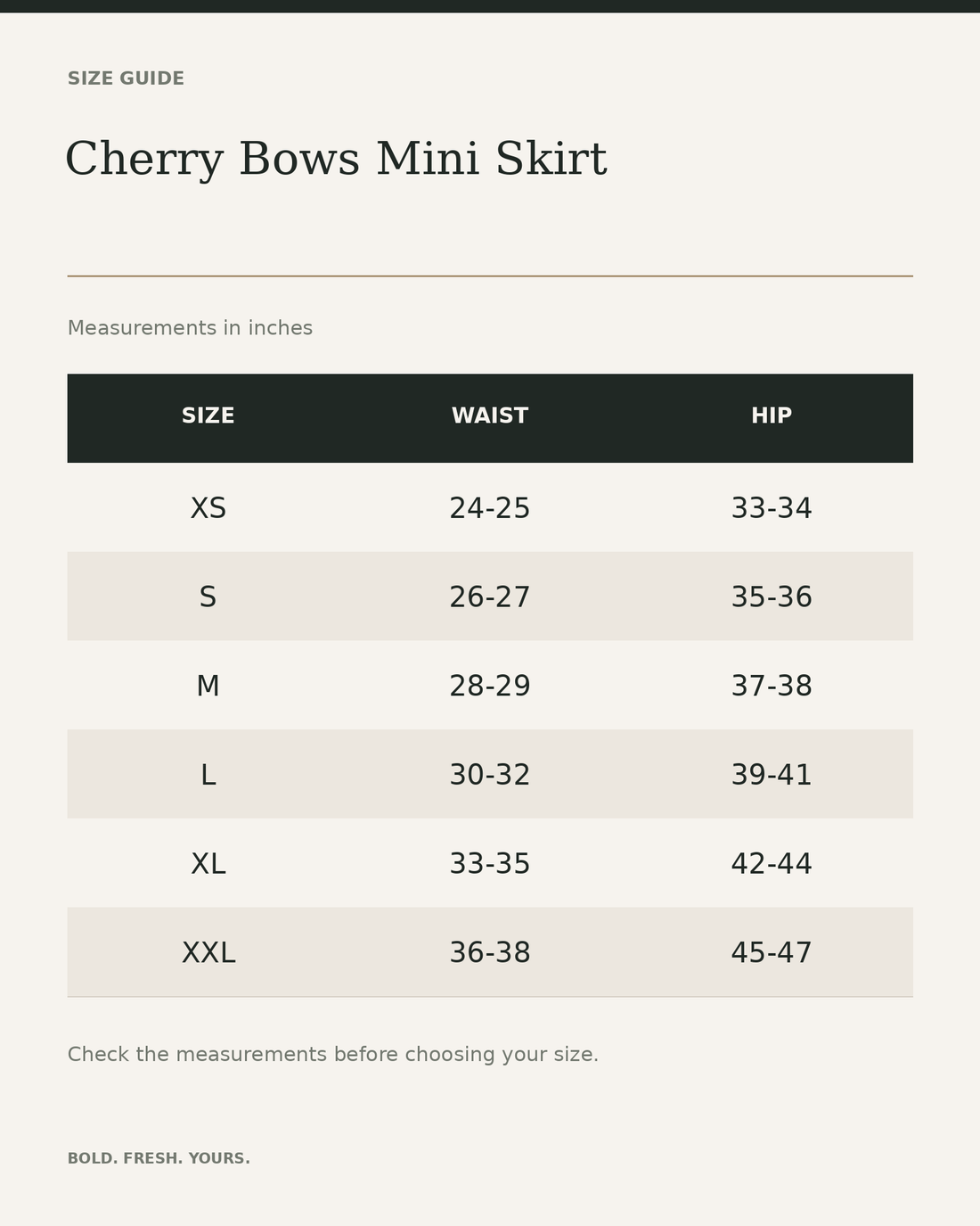 Cherry Bows Mini Skirt — All-Over Print Elastic Waist Skirt — size guide in inches, measurements from product listing