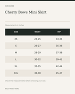 Cherry Bows Mini Skirt — All-Over Print Elastic Waist Skirt — size guide in inches, measurements from product listing