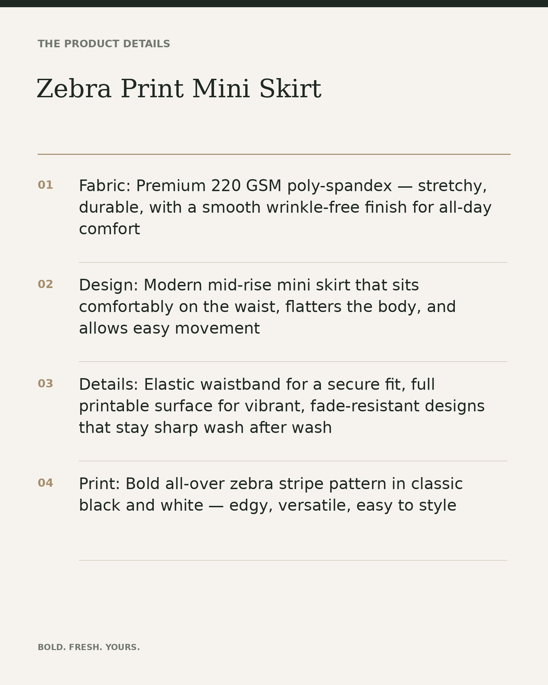 Zebra Print Mini Skirt — Bold All-Over Print Elastic Waist Skirt — product details, fabric, fit and care