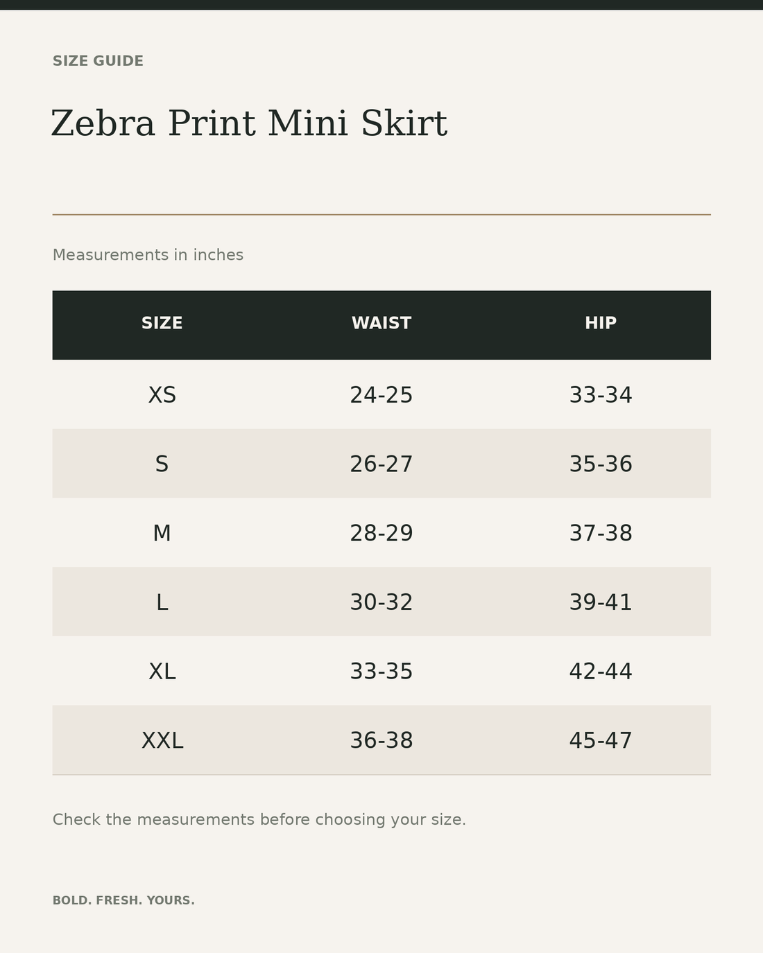 Zebra Print Mini Skirt — Bold All-Over Print Elastic Waist Skirt — size guide in inches, measurements from product listing
