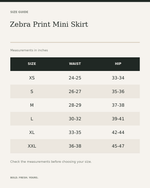 Zebra Print Mini Skirt — Bold All-Over Print Elastic Waist Skirt — size guide in inches, measurements from product listing
