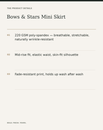 Bows & Stars Mini Skirt — All-Over Print Elastic Waist Skirt — product details, fabric, fit and care