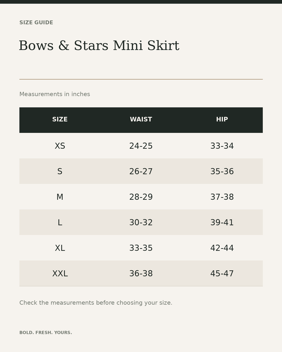 Bows & Stars Mini Skirt — All-Over Print Elastic Waist Skirt — size guide in inches, measurements from product listing