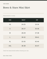 Bows & Stars Mini Skirt — All-Over Print Elastic Waist Skirt — size guide in inches, measurements from product listing