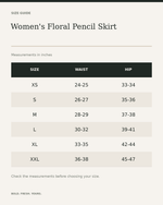 Women's Floral Pencil Skirt — size guide in inches, measurements from product listing