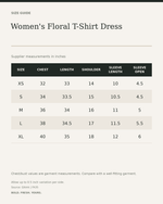 Women's Floral T-Shirt Dress — size guide in inches from official Qikink garment chart