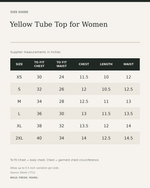 Yellow Tube Top for Women — size guide in inches from official Qikink garment chart
