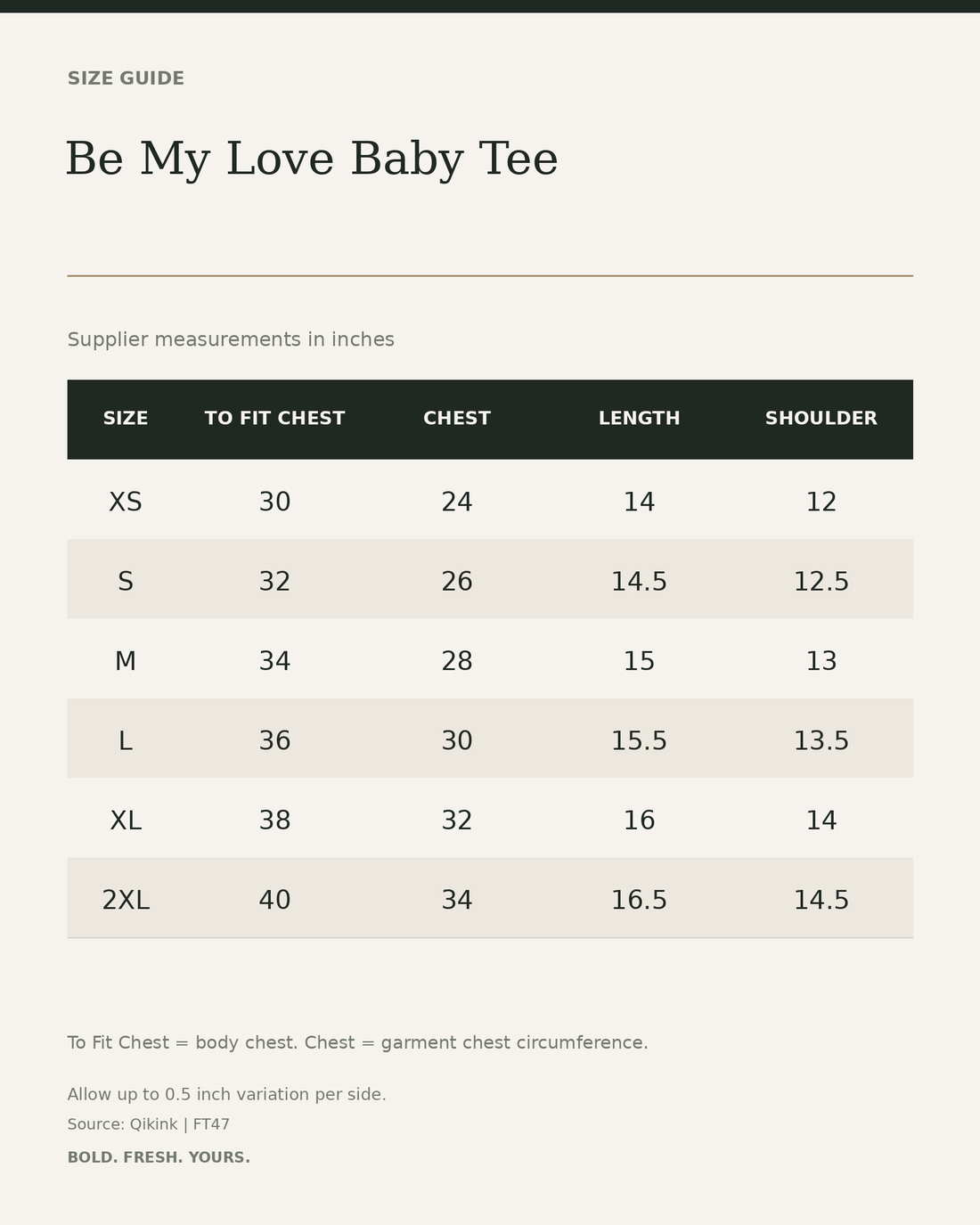 Be My Love Baby Tee — size guide in inches from official Qikink garment chart