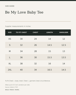 Be My Love Baby Tee — size guide in inches from official Qikink garment chart