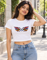Lifestyle photo showing Baby Tee 11 worn by a model