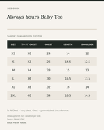 Always Yours Baby Tee — size guide in inches from official Qikink garment chart