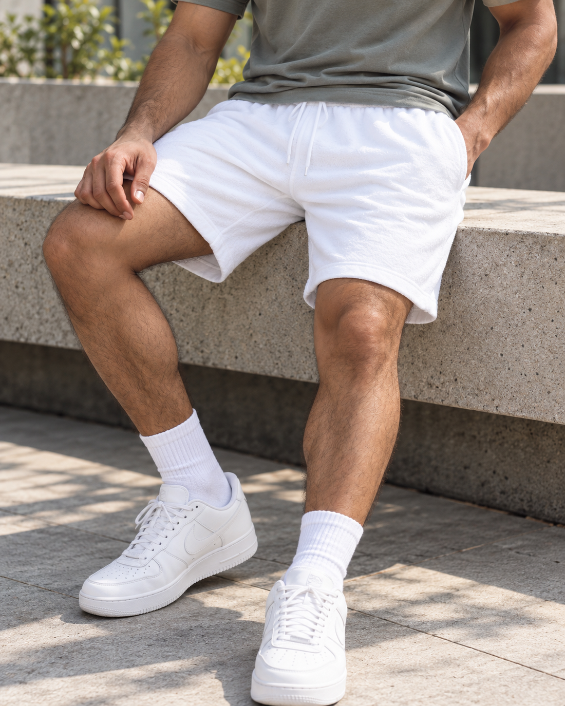 Men's Terry Shorts – Relaxed Fit — seated lifestyle angle