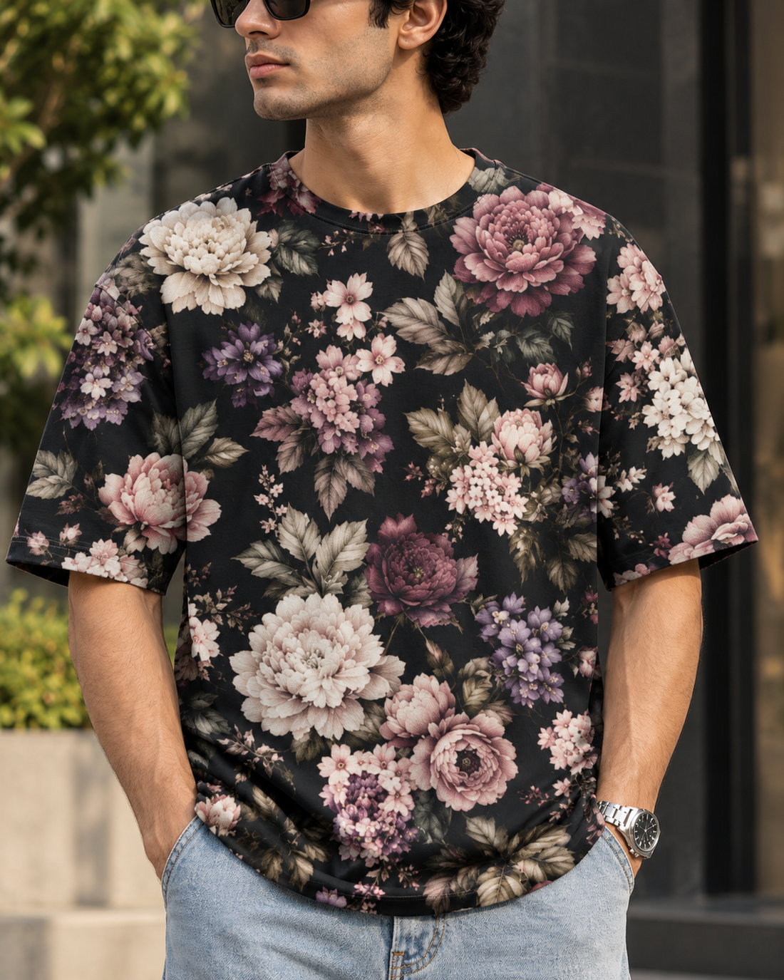 Dark Botanical Floral All-Over Print Unisex Oversized T-Shirt – 240 GSM Heavyweight Streetwear — fabric, artwork and construction close-up