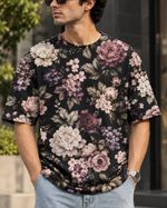 Dark Botanical Floral All-Over Print Unisex Oversized T-Shirt – 240 GSM Heavyweight Streetwear — fabric, artwork and construction close-up