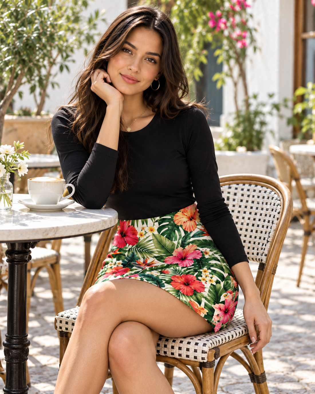 Hawaiian Garden Mid-Rise Mini Skirt – Premium All-Over Print Summer Aesthetic Skirt — seated lifestyle photograph