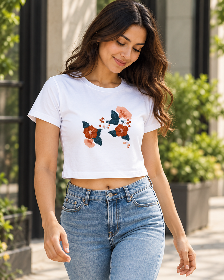 Rust Floral Baby Tee for Women – Stretch Fit Cropped T-Shirt, 95% Cotton 5% Spandex | StitchPop alternate view